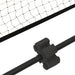 Close-up of a large steel frame tennis net with black garden sports net connector.