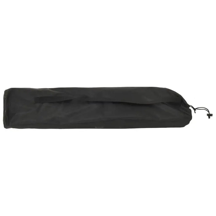 Black carry bag for large steel frame tennis net, laid flat with carry handle and drawstring.