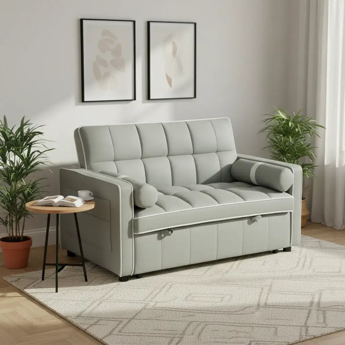 Three-in-One Two-Seater Sofa Bed – Light Grey Linen | Adjustable Recliner - Pull-Out Double Bed HOMCOM - Little and Giant Explorers