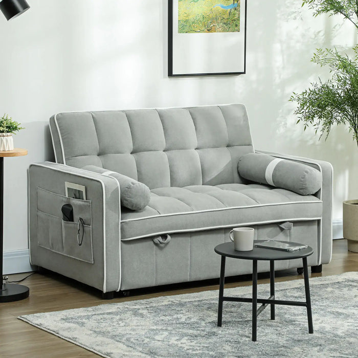 Three-in-One Two-Seater Sofa Bed – Light Grey Linen | Adjustable Recliner - Pull-Out Double Bed HOMCOM - Little and Giant Explorers