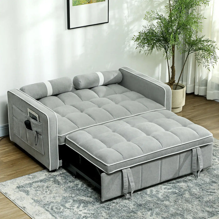Three-in-One Two-Seater Sofa Bed – Light Grey Linen | Adjustable Recliner - Pull-Out Double Bed HOMCOM - Little and Giant Explorers