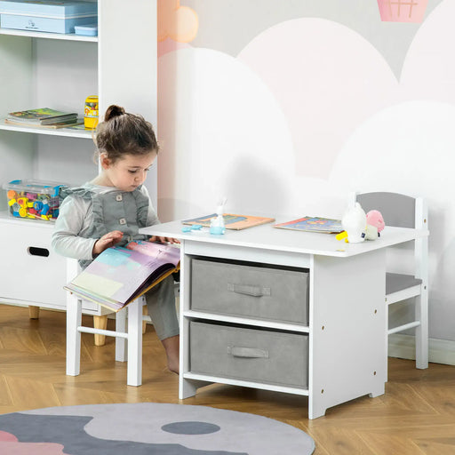 Kids Table Chair Set White Grey | Three-Piece with Storage Drawers - Little and Giant Explorers HOMCOM