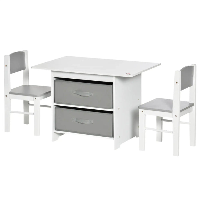 Kids Table Chair Set White Grey | Three-Piece with Storage Drawers - Little and Giant Explorers HOMCOM