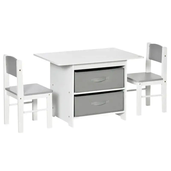 Kids Table Chair Set White Grey | Three-Piece with Storage Drawers - Little and Giant Explorers HOMCOM