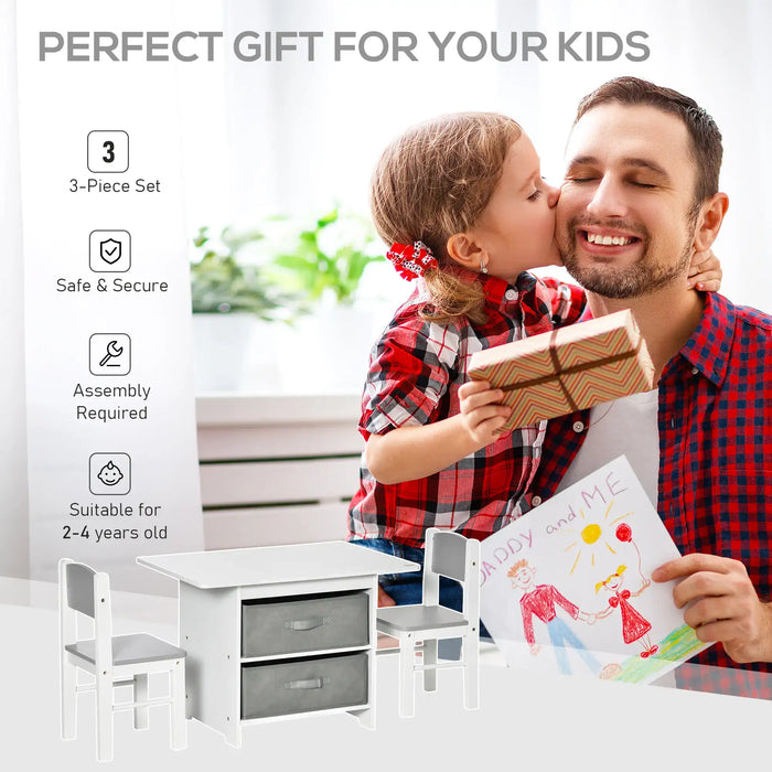 Kids Table Chair Set White Grey | Three-Piece with Storage Drawers - Little and Giant Explorers HOMCOM