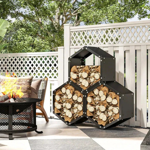 Three Shelf Hexagon Metal Firewood Rack in Black - Little and Giant Explorers Outsunny