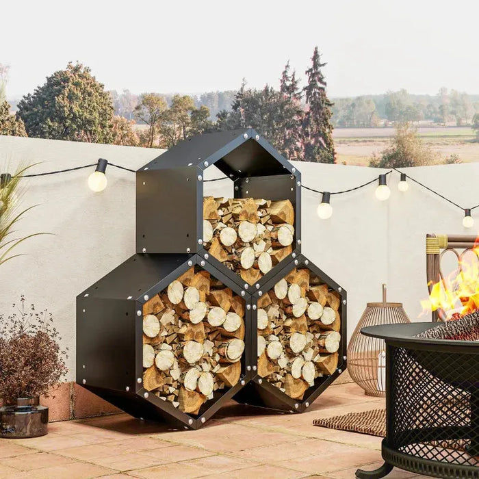 Three Shelf Hexagon Metal Firewood Rack in Black - Little and Giant Explorers Outsunny