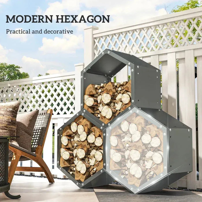 Three Shelf Hexagon Metal Firewood Rack in Grey - Little and Giant Explorers Outsunny