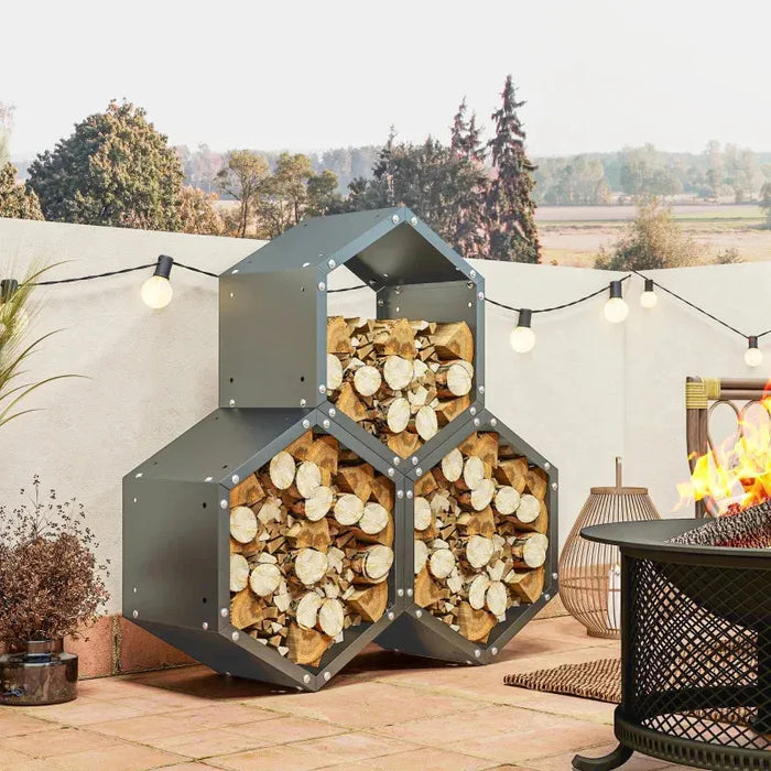 Three Shelf Hexagon Metal Firewood Rack in Grey - Little and Giant Explorers Outsunny