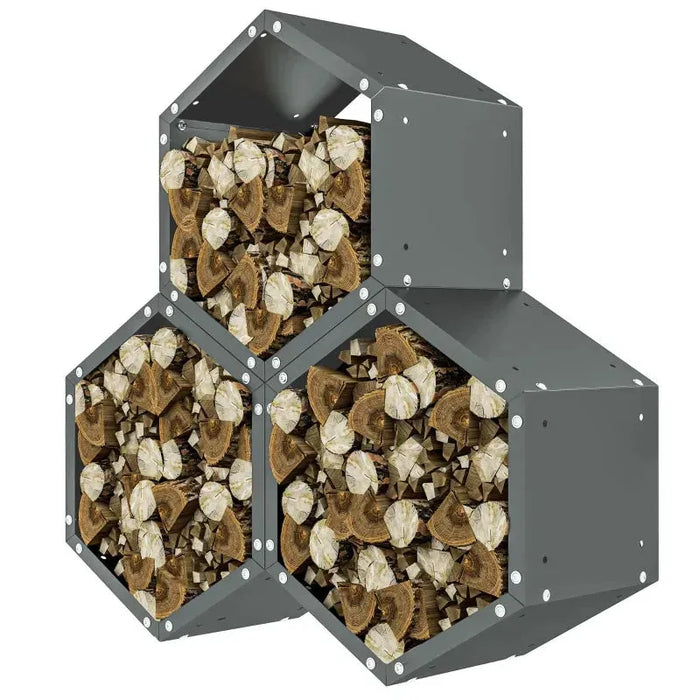 Three Shelf Hexagon Metal Firewood Rack in Grey - Little and Giant Explorers Outsunny