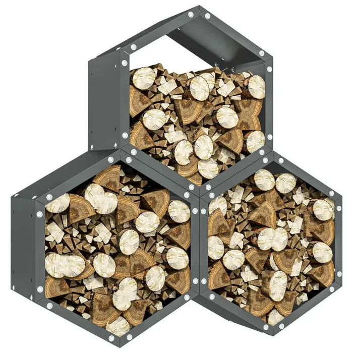 Three Shelf Hexagon Metal Firewood Rack in Grey - Little and Giant Explorers Outsunny