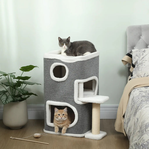Three-Tier Cat Tree – Grey | Modern Cat Tower with Dual Condos and Scratching Post PAWHUT - Little and Giant Explorers PawHut