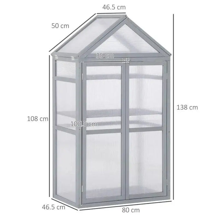 Grey three-tier cold frame greenhouse mini grow house with adjustable shelves and measurements