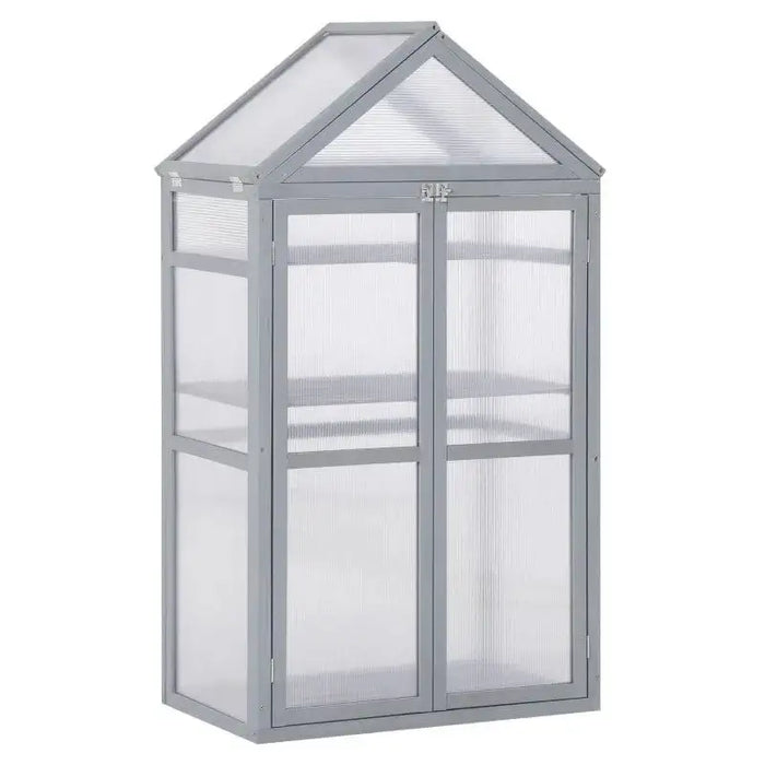 Grey three-tier cold frame greenhouse with adjustable shelves and glass doors