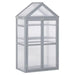 Grey three-tier cold frame greenhouse with adjustable shelves and glass doors