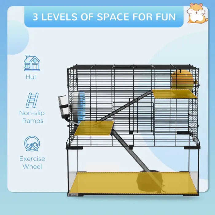 Three-Tier Hamster Cage – Black | Large Small Animal Habitat with Running Wheel PAWHUT - Little and Giant Explorers PawHut