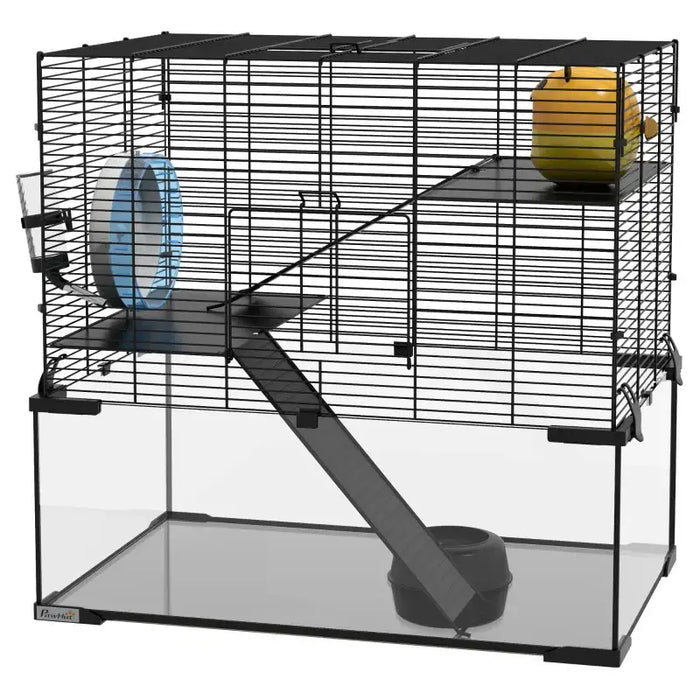 Three-Tier Hamster Cage – Black | Large Small Animal Habitat with Running Wheel PAWHUT - Little and Giant Explorers PawHut