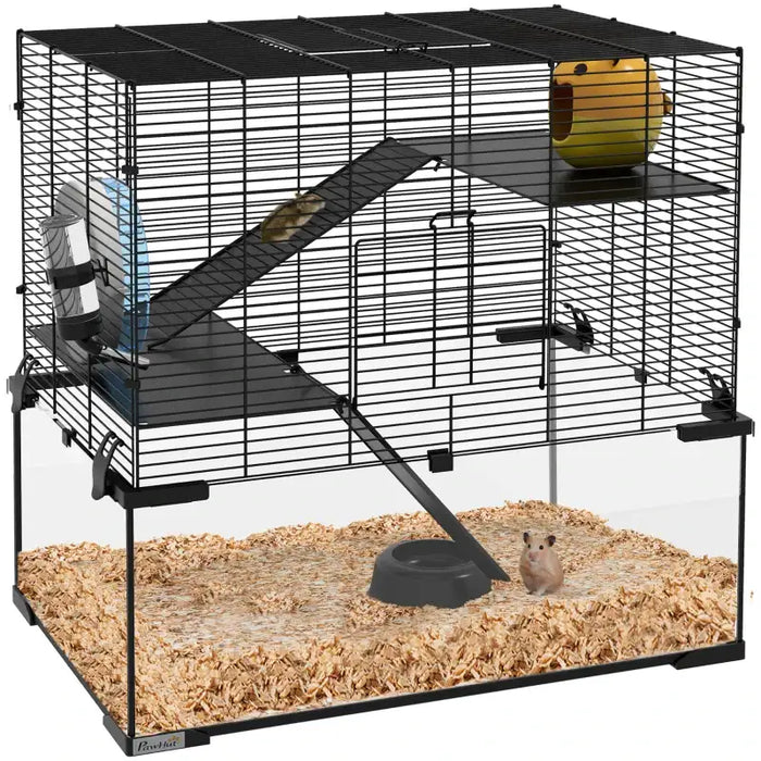 Three-Tier Hamster Cage – Black | Large Small Animal Habitat with Running Wheel PAWHUT - Little and Giant Explorers PawHut