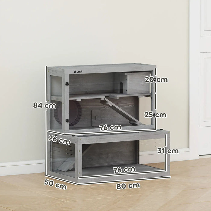 Three-tier grey wooden small pet habitat with exercise wheel and house, dimensions labeled