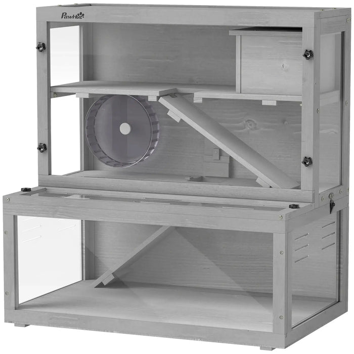 Three-tier grey wooden hamster cage with exercise wheel, ramp, hut, and transparent panels
