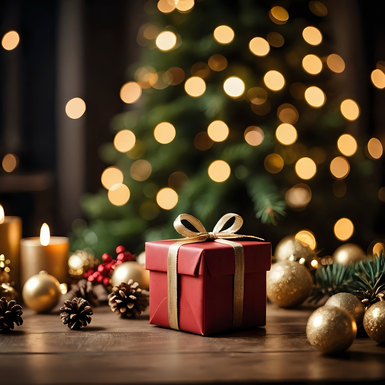 Christmas scene with present, Christmas trees, candles, pinecones and decorations