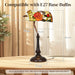 Decorative table lamp with stained glass shade on a wooden surface, dimensions displayed.