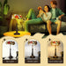 Two people sitting on a couch with a stained glass lamp, showing light options on a beige background.
