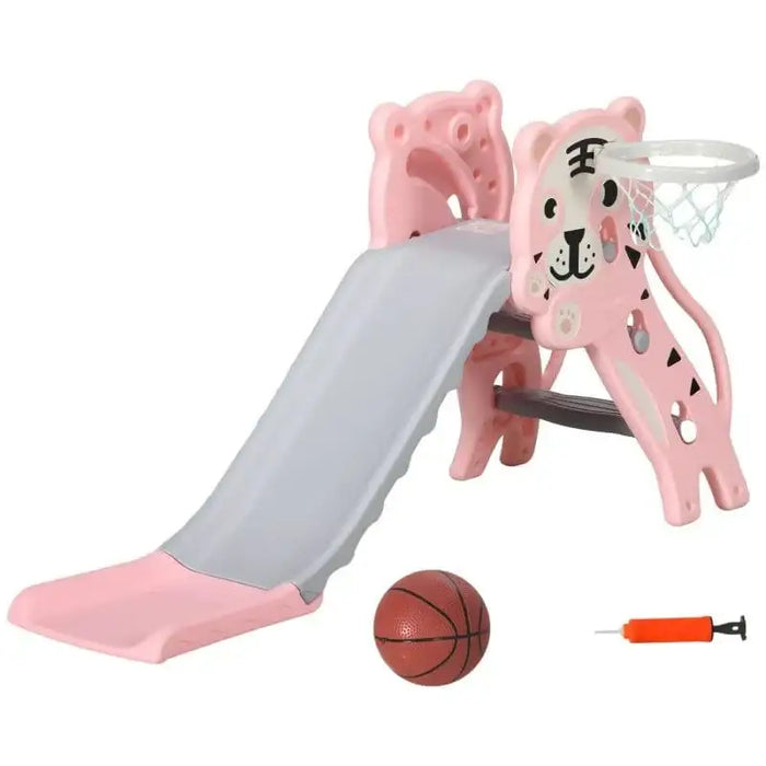 Pink tiger-themed kids slide with basketball hoop, small basketball, and pump