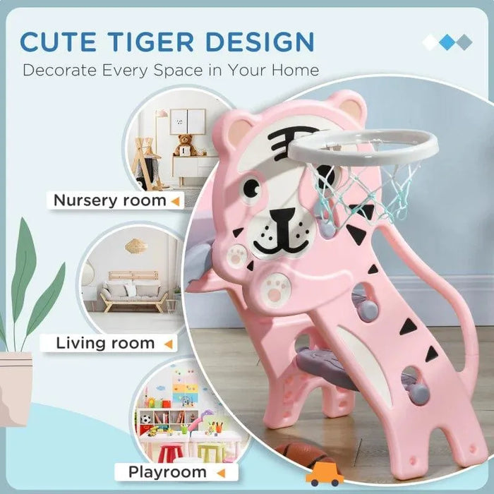 Pink tiger-themed kids slide with basketball hoop in playroom, nursery, or living room setting