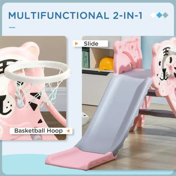 Pink tiger-themed kids slide with basketball hoop for toddlers indoors