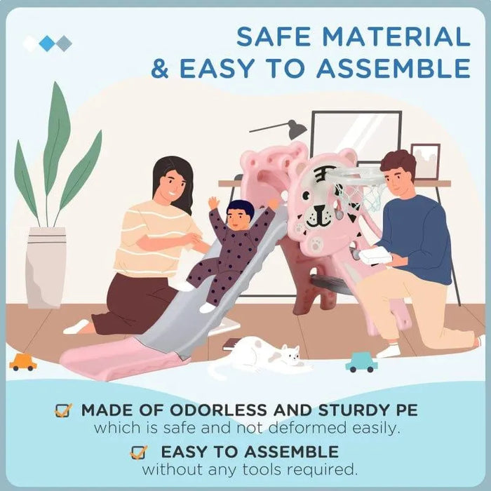 Pink tiger-themed kids slide with basketball hoop, family assembling, for toddlers aged 18-36 months