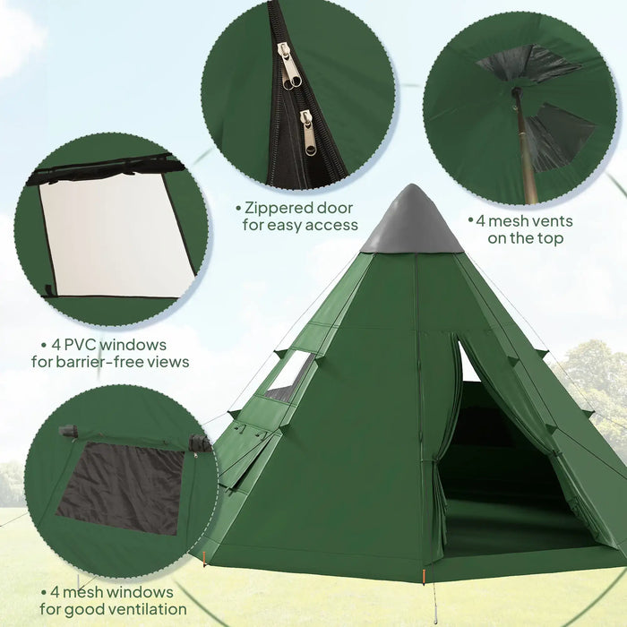 Tipi Tent with Carry Bag in Green (6 persons) - Little and Giant Explorers Outsunny