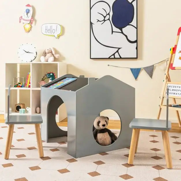 Toddler Furniture Set Grey | House Shapes with Inclined Blackboard Tabletop - Little and Giant Explorers Costway