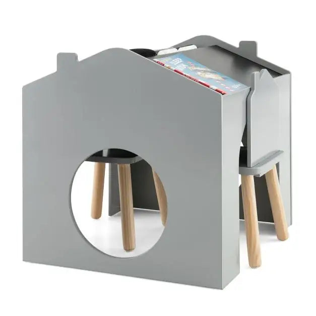 Toddler Furniture Set Grey | House Shapes with Inclined Blackboard Tabletop - Little and Giant Explorers Costway