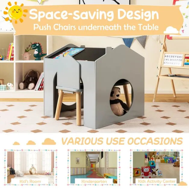 Toddler Furniture Set Grey | House Shapes with Inclined Blackboard Tabletop - Little and Giant Explorers Costway