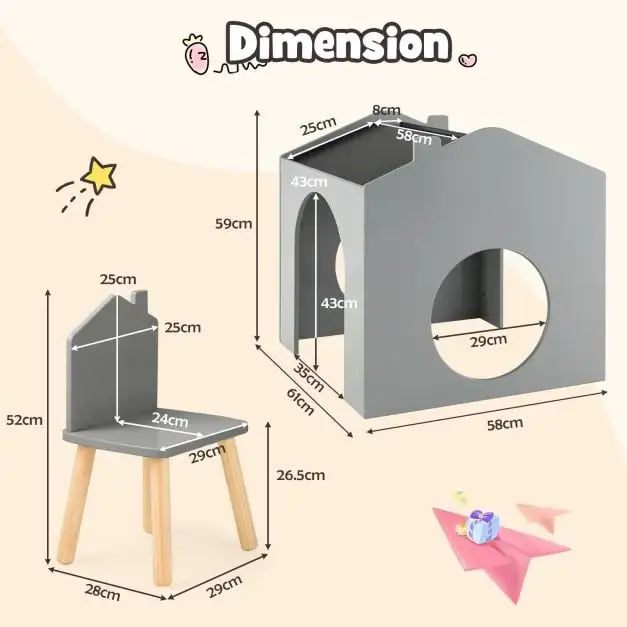 Toddler Furniture Set Grey | House Shapes with Inclined Blackboard Tabletop - Little and Giant Explorers Costway