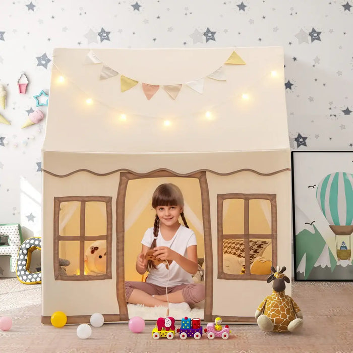 Toddler Play Tent with Star Lights and Mat - Beige | Spacious Indoor Playhouse COSTWAY - Little and Giant Explorers Costway