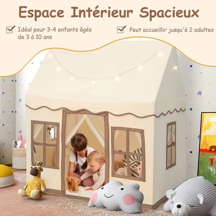 Toddler Play Tent with Star Lights and Mat - Beige | Spacious Indoor Playhouse COSTWAY - Little and Giant Explorers Costway
