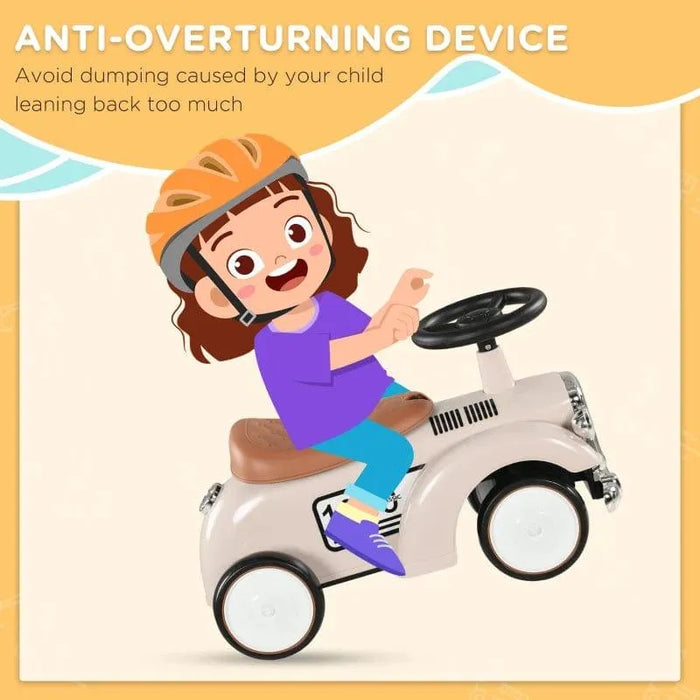 Cartoon child in helmet riding cream toddler sliding car with steering wheel, anti-overturn feature.