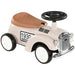 Cream toddler ride-on sliding car with brown seat, steering wheel, horn, and classic car design