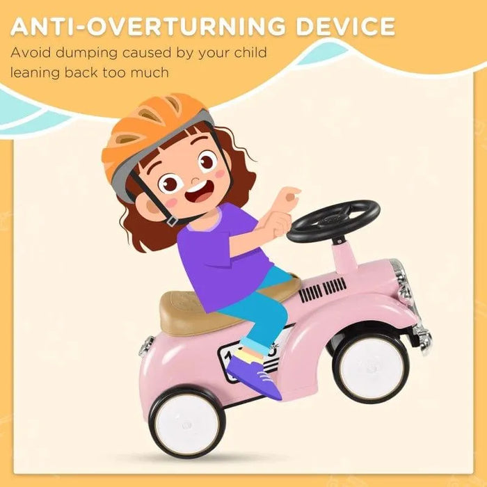 Toddler ride-on pink sliding car with steering wheel, child wearing helmet, safety feature highlighted.