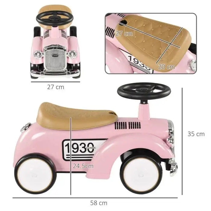 Pink toddler ride-on sliding car with steering wheel and seat, dimensions labeled