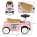 Pink toddler ride-on sliding car with steering wheel and seat, dimensions labeled