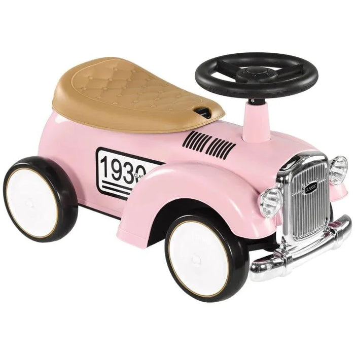 Pink toddler ride-on sliding car with steering wheel and vintage 1930s style design