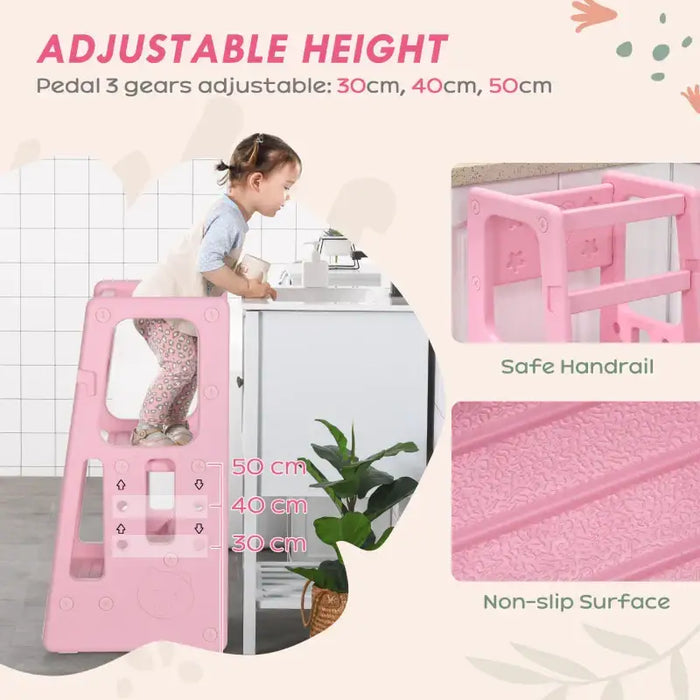 Toddler Step Stool – Pink | Adjustable Kids Kitchen Helper Tower - 3-Height Platforms HOMCOM - Little and Giant Explorers HOMCOM