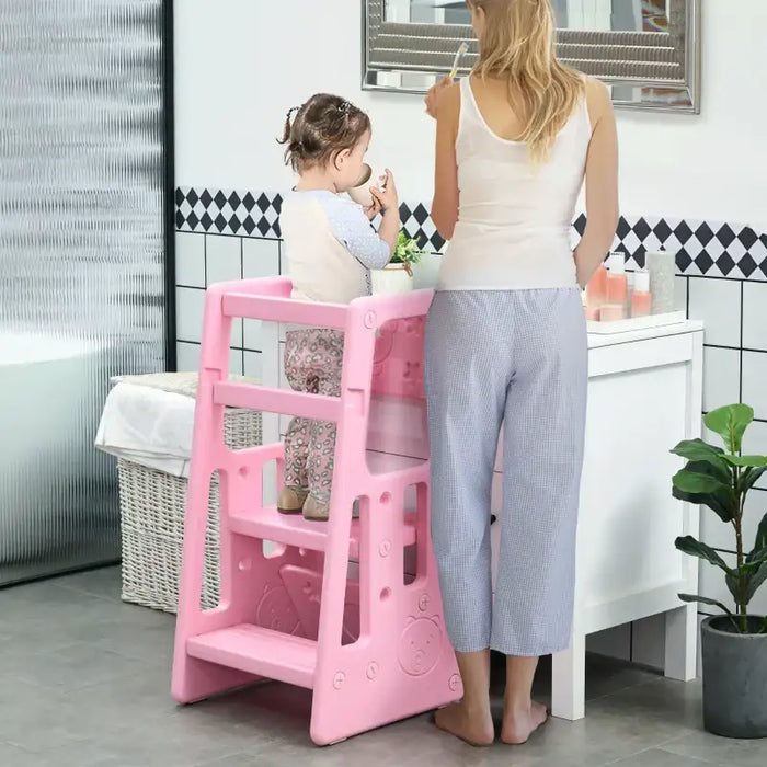 Toddler Step Stool – Pink | Adjustable Kids Kitchen Helper Tower - 3-Height Platforms HOMCOM - Little and Giant Explorers HOMCOM