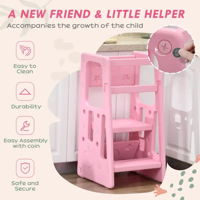 Toddler Step Stool – Pink | Adjustable Kids Kitchen Helper Tower - 3-Height Platforms HOMCOM - Little and Giant Explorers HOMCOM
