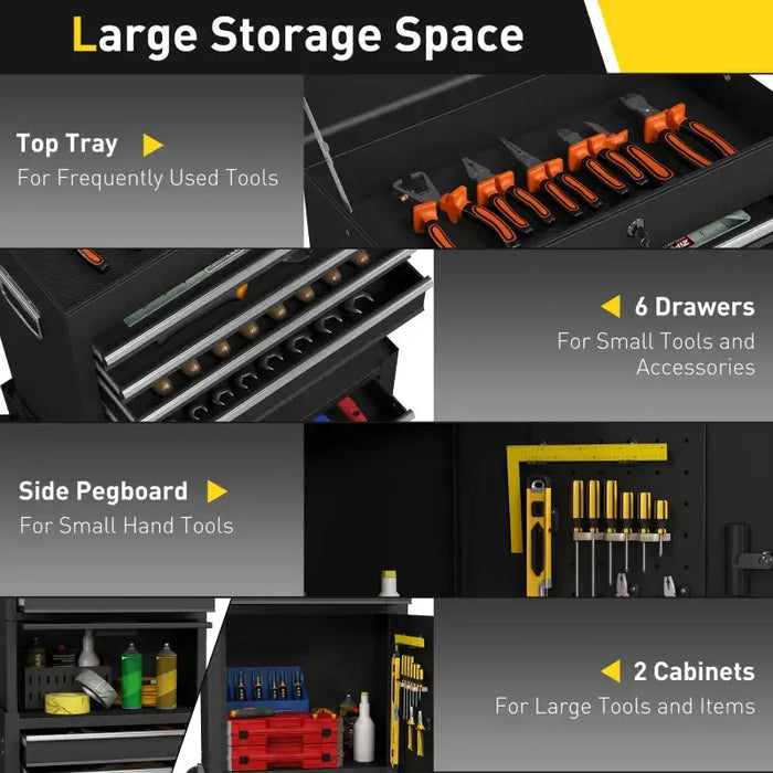 Tool Chest Cabinet – Black | 3-Part Rolling Toolbox - Drawers, Cupboards and Pegboard HOMCOM - Little and Giant Explorers HOMCOM