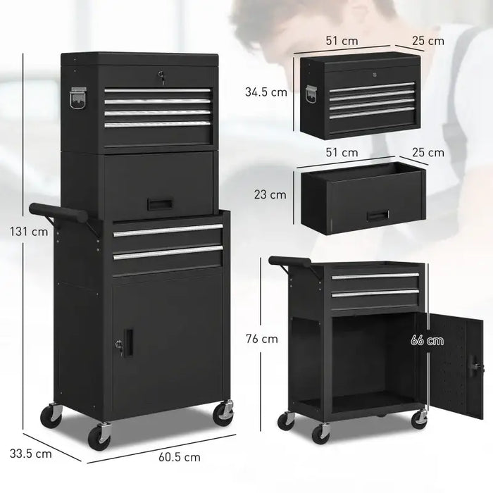 Tool Chest Cabinet – Black | 3-Part Rolling Toolbox - Drawers, Cupboards and Pegboard HOMCOM - Little and Giant Explorers HOMCOM