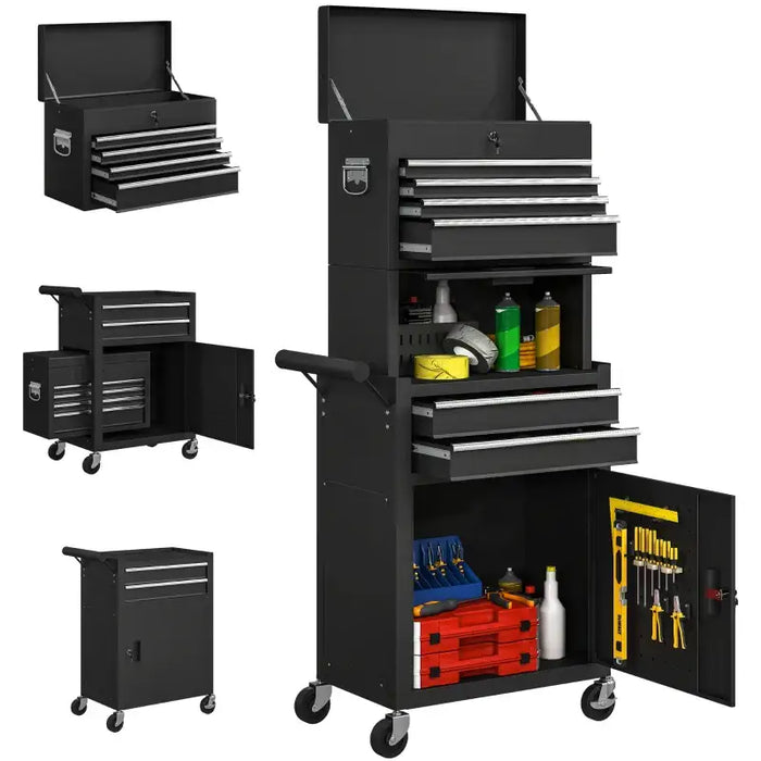Tool Chest Cabinet – Black | 3-Part Rolling Toolbox - Drawers, Cupboards and Pegboard HOMCOM - Little and Giant Explorers HOMCOM